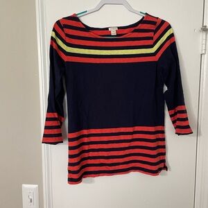 J. Crew Striped Navy and Orange Striped 3/4 Sleeve Top M
